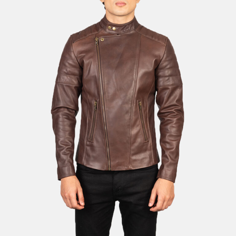 Mens Faisor Brown Leather Biker Jacket Close Front-5-1634133856093